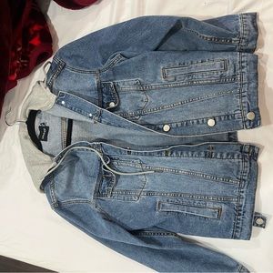 Dark wash hooded jean jacket.